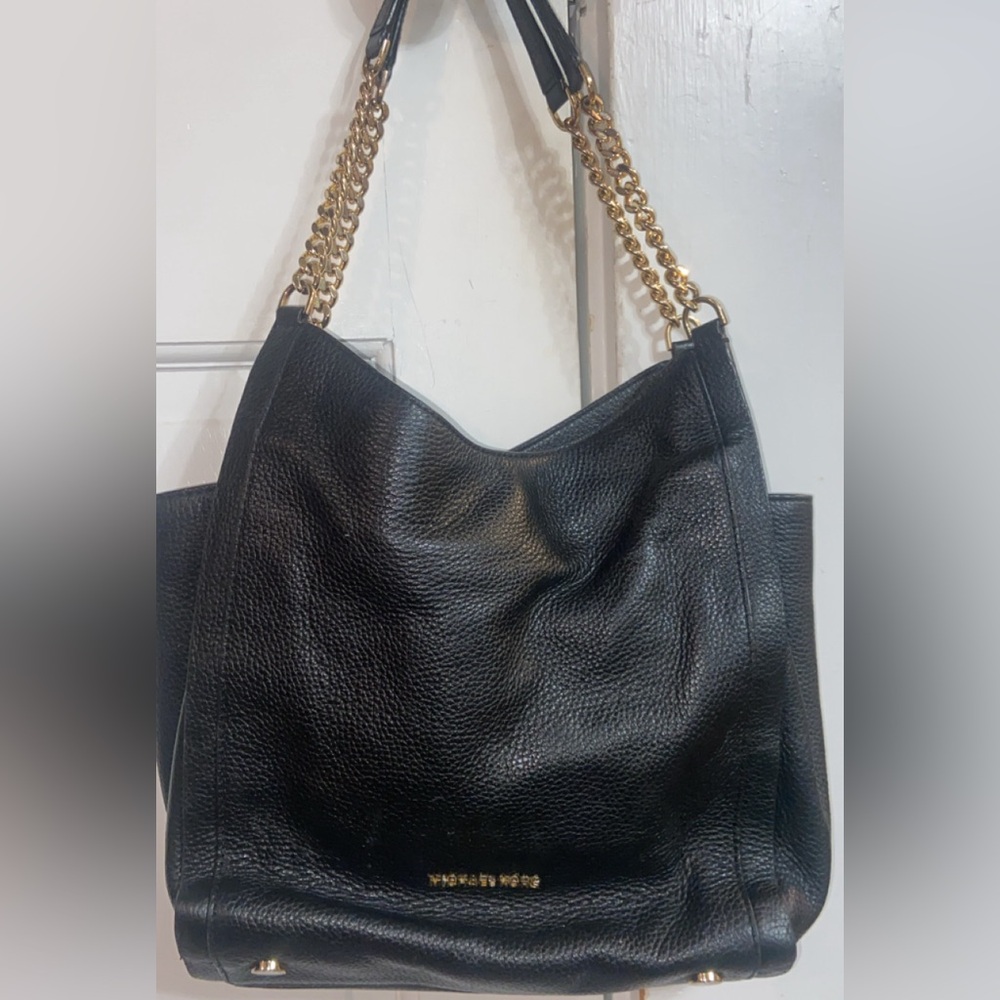 Michael Kors Black Leather Shoulder Bag with Gold Chain